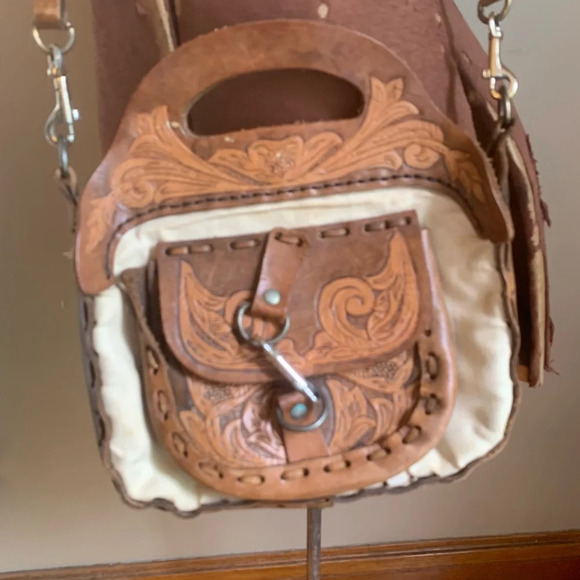 Leather vintage 70’s purse handtooled bag crossbody canvas hippie boho western - Picture 9 of 10